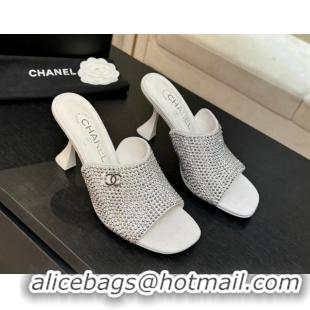Good Quality Chanel Suede & Strass Heel Slides Sandal 9cm G46904 White 2026