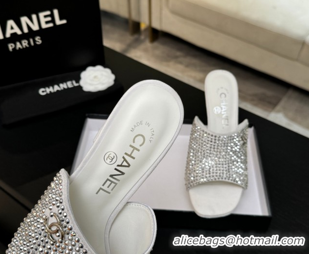 Good Quality Chanel Suede & Strass Heel Slides Sandal 9cm G46904 White 2026