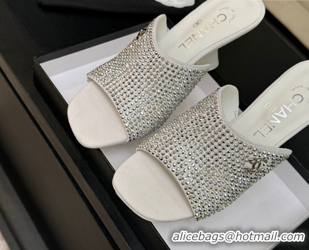Good Quality Chanel Suede & Strass Heel Slides Sandal 9cm G46904 White 2026