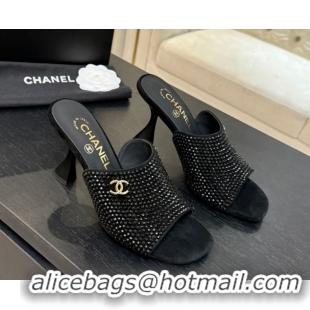 Grade Quality Chanel Suede & Strass Heel Slides Sandal 9cm G46904 Black 2026