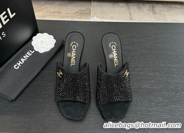 Grade Quality Chanel Suede & Strass Heel Slides Sandal 9cm G46904 Black 2026