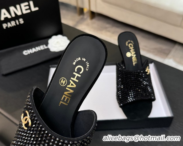 Grade Quality Chanel Suede & Strass Heel Slides Sandal 9cm G46904 Black 2026