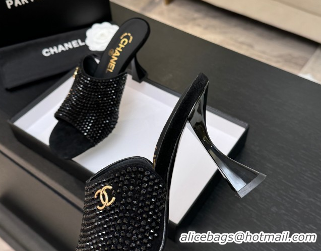 Grade Quality Chanel Suede & Strass Heel Slides Sandal 9cm G46904 Black 2026