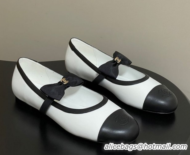 Best Product Chanel Calfskin Leather Ballet Flats with Bow CH122402 White/Black 2026