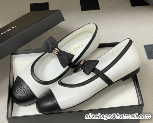 Best Product Chanel Calfskin Leather Ballet Flats with Bow CH122402 White/Black 2026