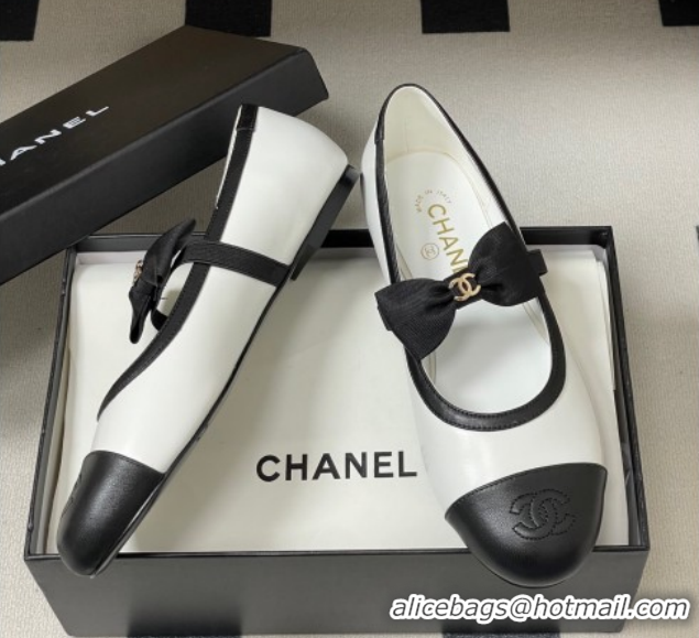 Best Product Chanel Calfskin Leather Ballet Flats with Bow CH122402 White/Black 2026