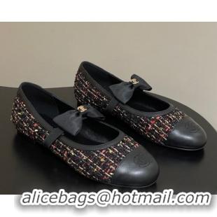 Top Design Chanel Tweed & Leather Ballet Flats with Bow CH122402 Black/Multicolor 2026