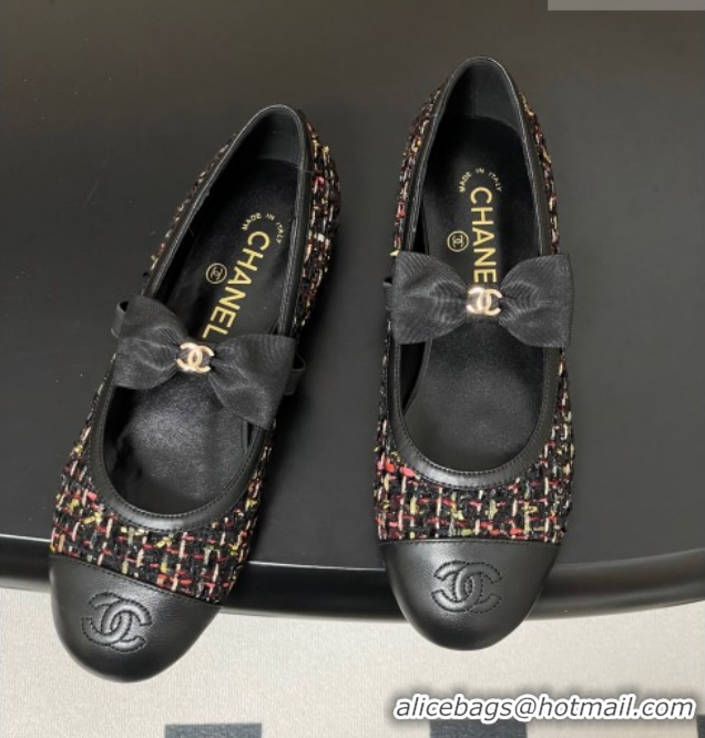 Top Design Chanel Tweed & Leather Ballet Flats with Bow CH122402 Black/Multicolor 2026