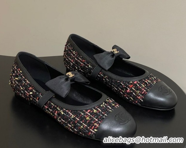 Top Design Chanel Tweed & Leather Ballet Flats with Bow CH122402 Black/Multicolor 2026