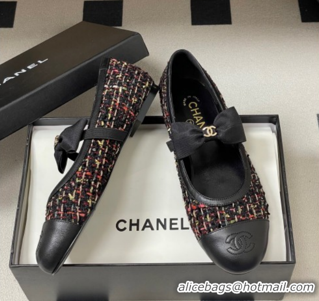 Top Design Chanel Tweed & Leather Ballet Flats with Bow CH122402 Black/Multicolor 2026