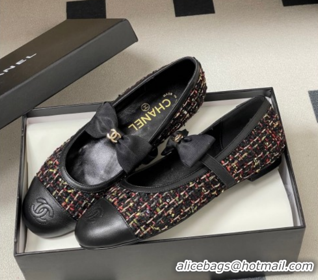 Top Design Chanel Tweed & Leather Ballet Flats with Bow CH122402 Black/Multicolor 2026