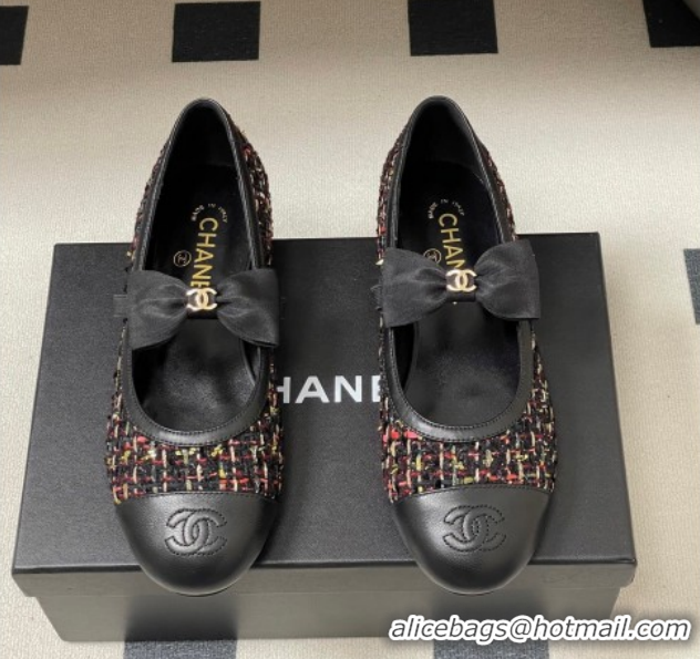 Top Design Chanel Tweed & Leather Ballet Flats with Bow CH122402 Black/Multicolor 2026