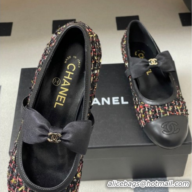 Top Design Chanel Tweed & Leather Ballet Flats with Bow CH122402 Black/Multicolor 2026