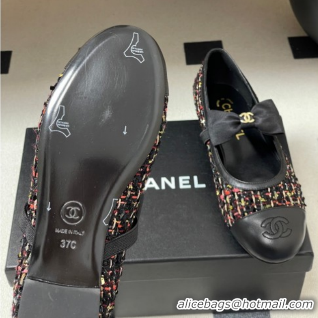 Top Design Chanel Tweed & Leather Ballet Flats with Bow CH122402 Black/Multicolor 2026