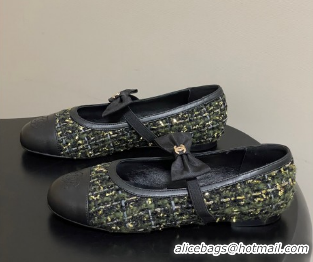 Good Quality Chanel Tweed & Leather Ballet Flats with Bow CH122402 Green/Black 2026