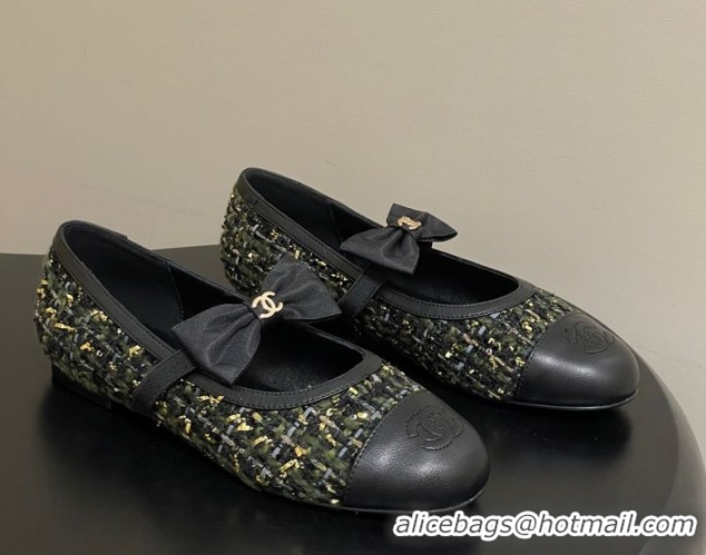 Good Quality Chanel Tweed & Leather Ballet Flats with Bow CH122402 Green/Black 2026