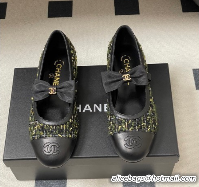 Good Quality Chanel Tweed & Leather Ballet Flats with Bow CH122402 Green/Black 2026