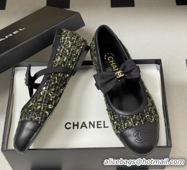 Good Quality Chanel Tweed & Leather Ballet Flats with Bow CH122402 Green/Black 2026