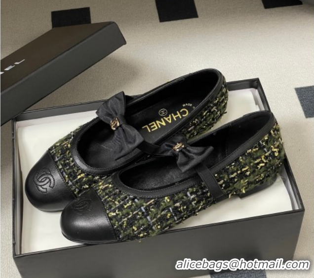 Good Quality Chanel Tweed & Leather Ballet Flats with Bow CH122402 Green/Black 2026