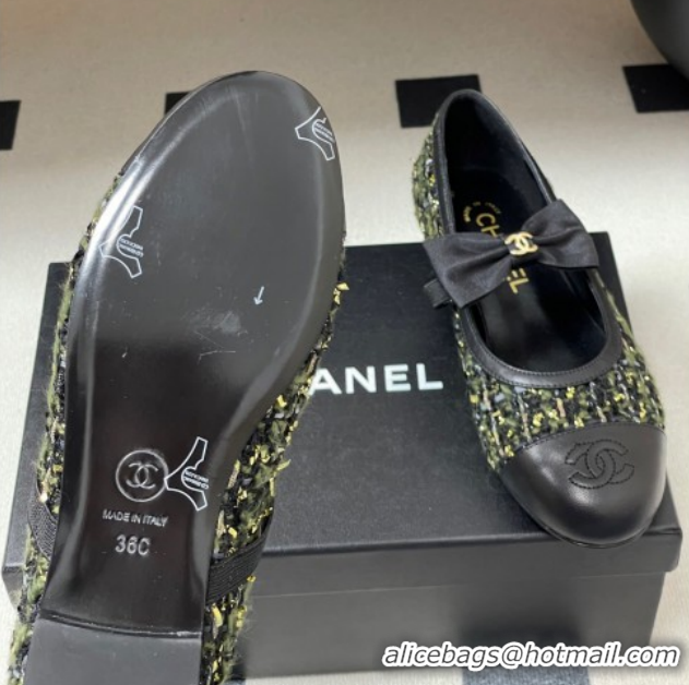 Good Quality Chanel Tweed & Leather Ballet Flats with Bow CH122402 Green/Black 2026