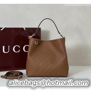 Super Quality Gucci GG Leather Emblem Medium Bucket Bag 815103 Brown 2026