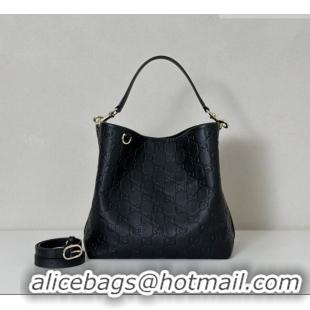 Good Quality Gucci GG Leather Emblem Medium Bucket Bag 815103 Black 2026