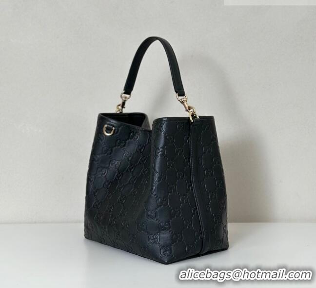 Good Quality Gucci GG Leather Emblem Medium Bucket Bag 815103 Black 2026