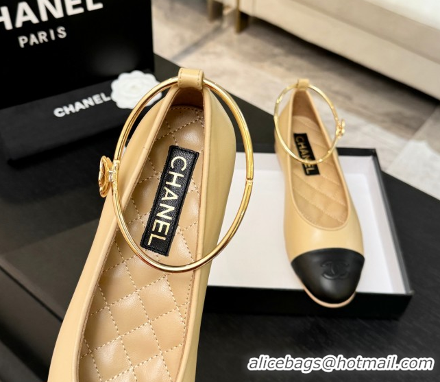 Popular Style Chanel Lambskin Leather Ballet Flats with Logo Loop G46932 Beige
