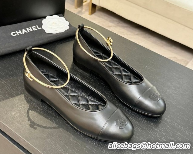Best Price Chanel Lambskin Leather Ballet Flats with Logo Loop G46932 Black 2026