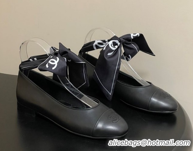 Good Product Chanel Lambskin Leather & Silk Ballet Flats with Ankle Strap CH122403 Black 2026