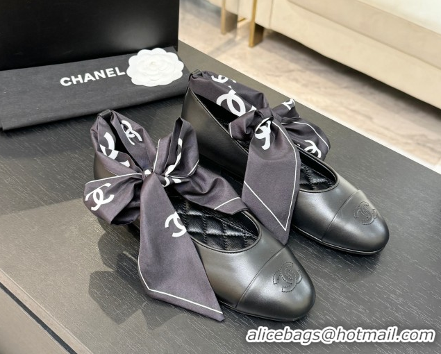 Good Product Chanel Lambskin Leather & Silk Ballet Flats with Ankle Strap CH122403 Black 2026
