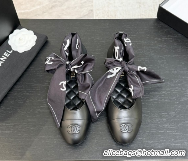 Good Product Chanel Lambskin Leather & Silk Ballet Flats with Ankle Strap CH122403 Black 2026