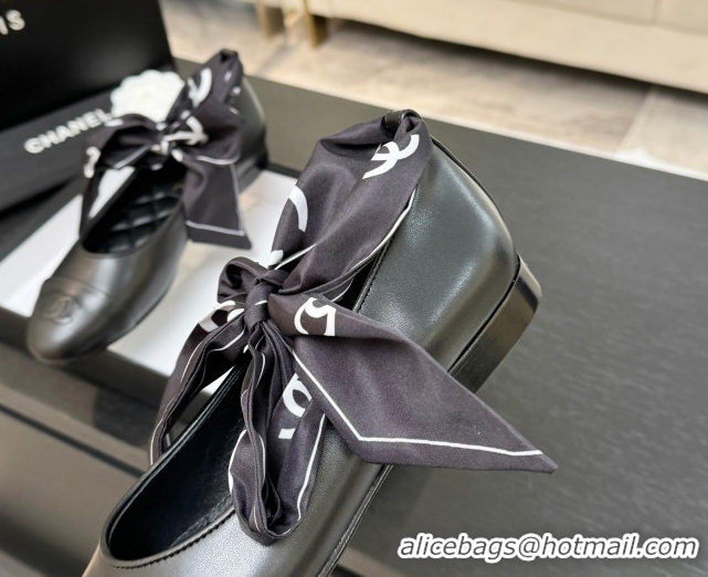 Good Product Chanel Lambskin Leather & Silk Ballet Flats with Ankle Strap CH122403 Black 2026
