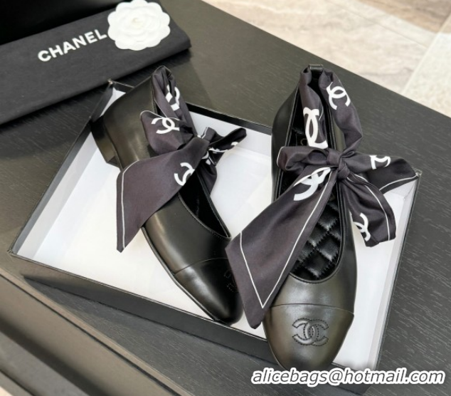 Good Product Chanel Lambskin Leather & Silk Ballet Flats with Ankle Strap CH122403 Black 2026