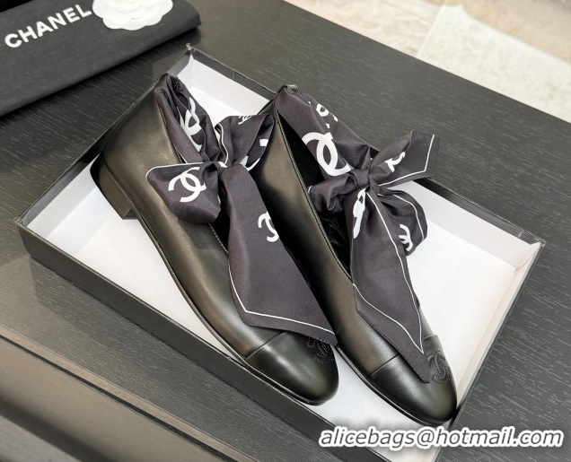Good Product Chanel Lambskin Leather & Silk Ballet Flats with Ankle Strap CH122403 Black 2026