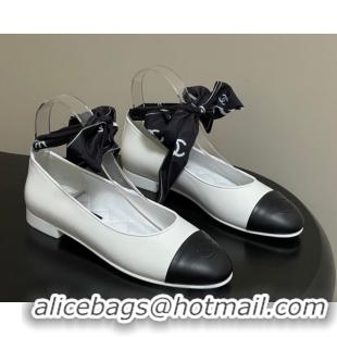Grade Quality Chanel Lambskin Leather & Silk Ballet Flats with Ankle Strap CH122403 White 2026