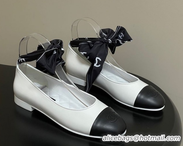 Grade Quality Chanel Lambskin Leather & Silk Ballet Flats with Ankle Strap CH122403 White 2026