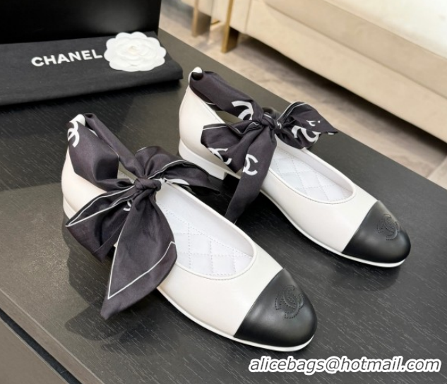 Grade Quality Chanel Lambskin Leather & Silk Ballet Flats with Ankle Strap CH122403 White 2026