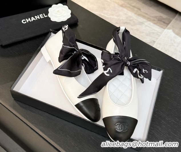 Grade Quality Chanel Lambskin Leather & Silk Ballet Flats with Ankle Strap CH122403 White 2026