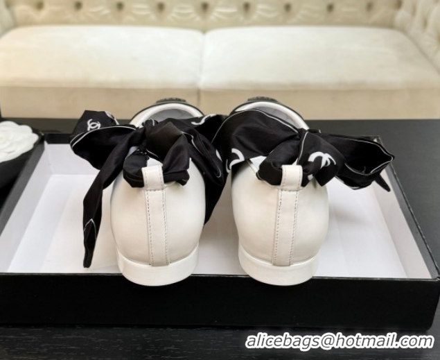 Grade Quality Chanel Lambskin Leather & Silk Ballet Flats with Ankle Strap CH122403 White 2026