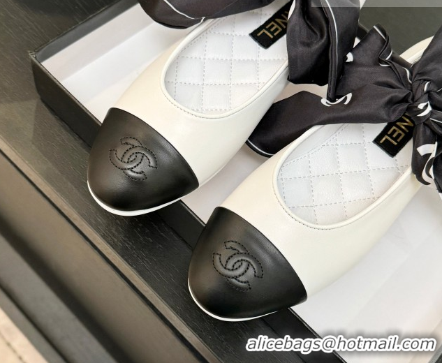 Grade Quality Chanel Lambskin Leather & Silk Ballet Flats with Ankle Strap CH122403 White 2026