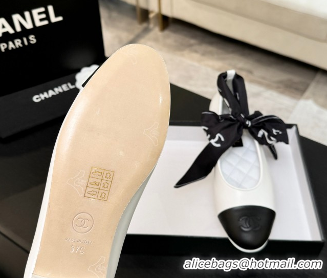 Grade Quality Chanel Lambskin Leather & Silk Ballet Flats with Ankle Strap CH122403 White 2026