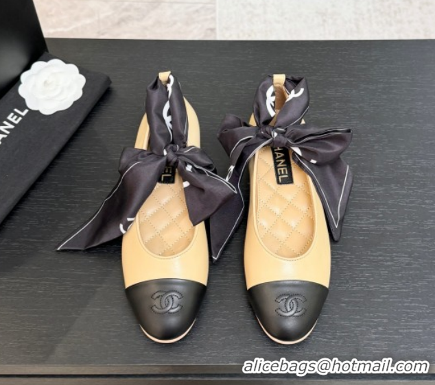 Top Grade Chanel Lambskin Leather & Silk Ballet Flats with Ankle Strap CH122403 Beige 2026