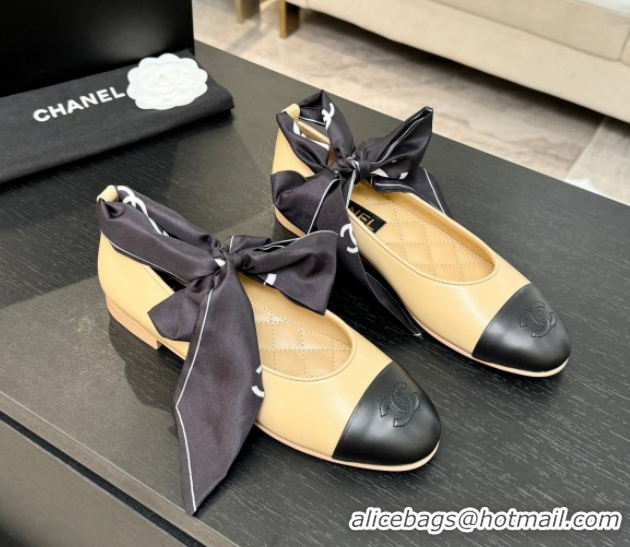 Top Grade Chanel Lambskin Leather & Silk Ballet Flats with Ankle Strap CH122403 Beige 2026