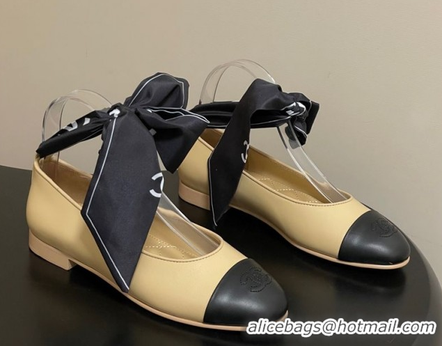 Top Grade Chanel Lambskin Leather & Silk Ballet Flats with Ankle Strap CH122403 Beige 2026