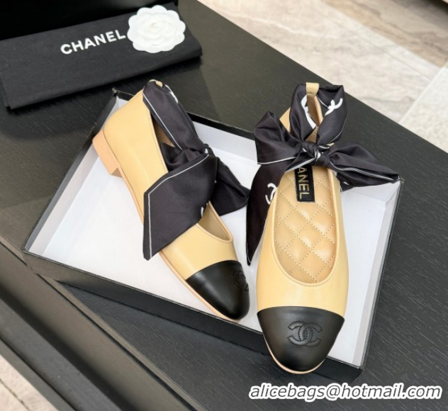 Top Grade Chanel Lambskin Leather & Silk Ballet Flats with Ankle Strap CH122403 Beige 2026