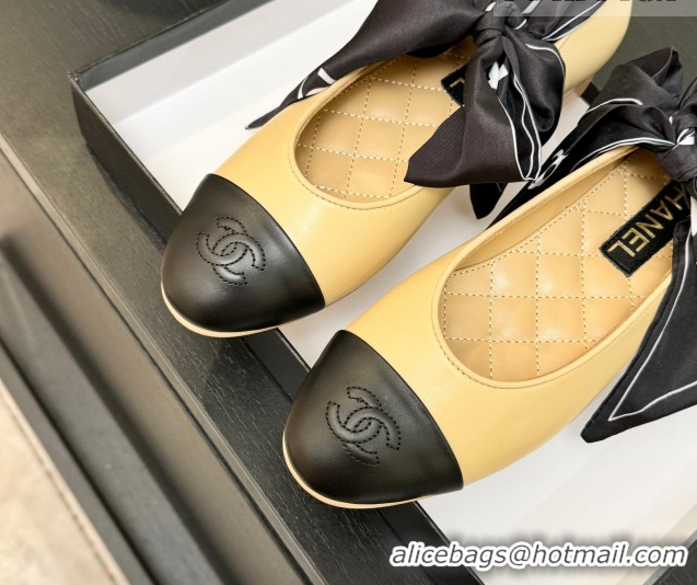 Top Grade Chanel Lambskin Leather & Silk Ballet Flats with Ankle Strap CH122403 Beige 2026