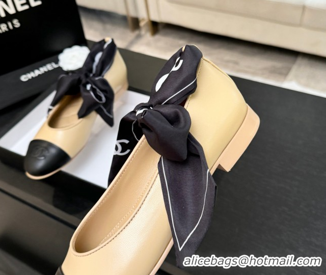 Top Grade Chanel Lambskin Leather & Silk Ballet Flats with Ankle Strap CH122403 Beige 2026