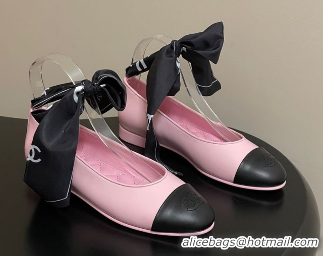 Pretty Style Chanel Lambskin Leather & Silk Ballet Flats with Ankle Strap CH122403 Pink 2026