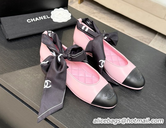 Pretty Style Chanel Lambskin Leather & Silk Ballet Flats with Ankle Strap CH122403 Pink 2026